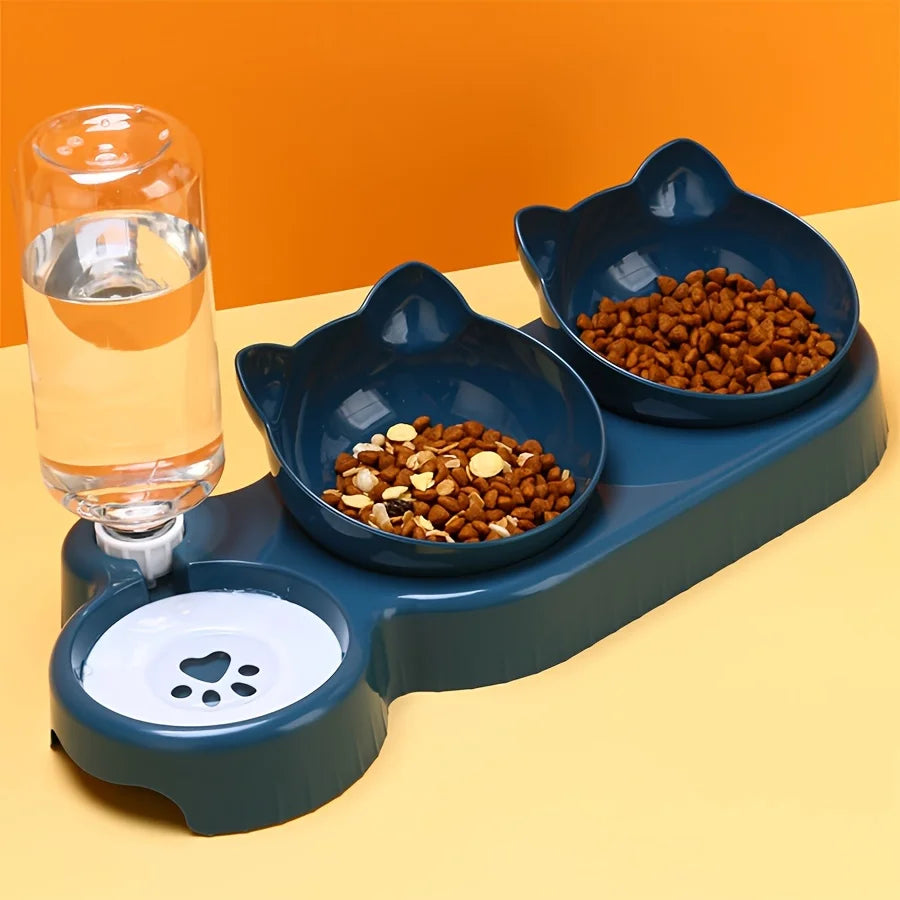 3-in-1 Tilted Cat Food & Water Bowl Set with Gravity Bottle | Indoor Kitty Co