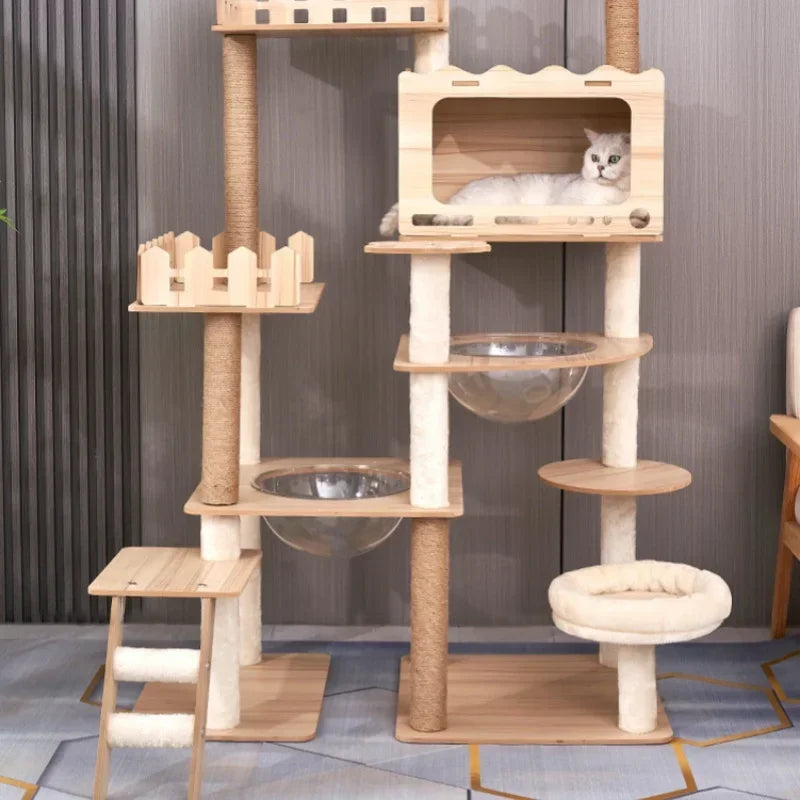 Large Wooden Cat Tree with Space Pod | Indoor Kitty Co