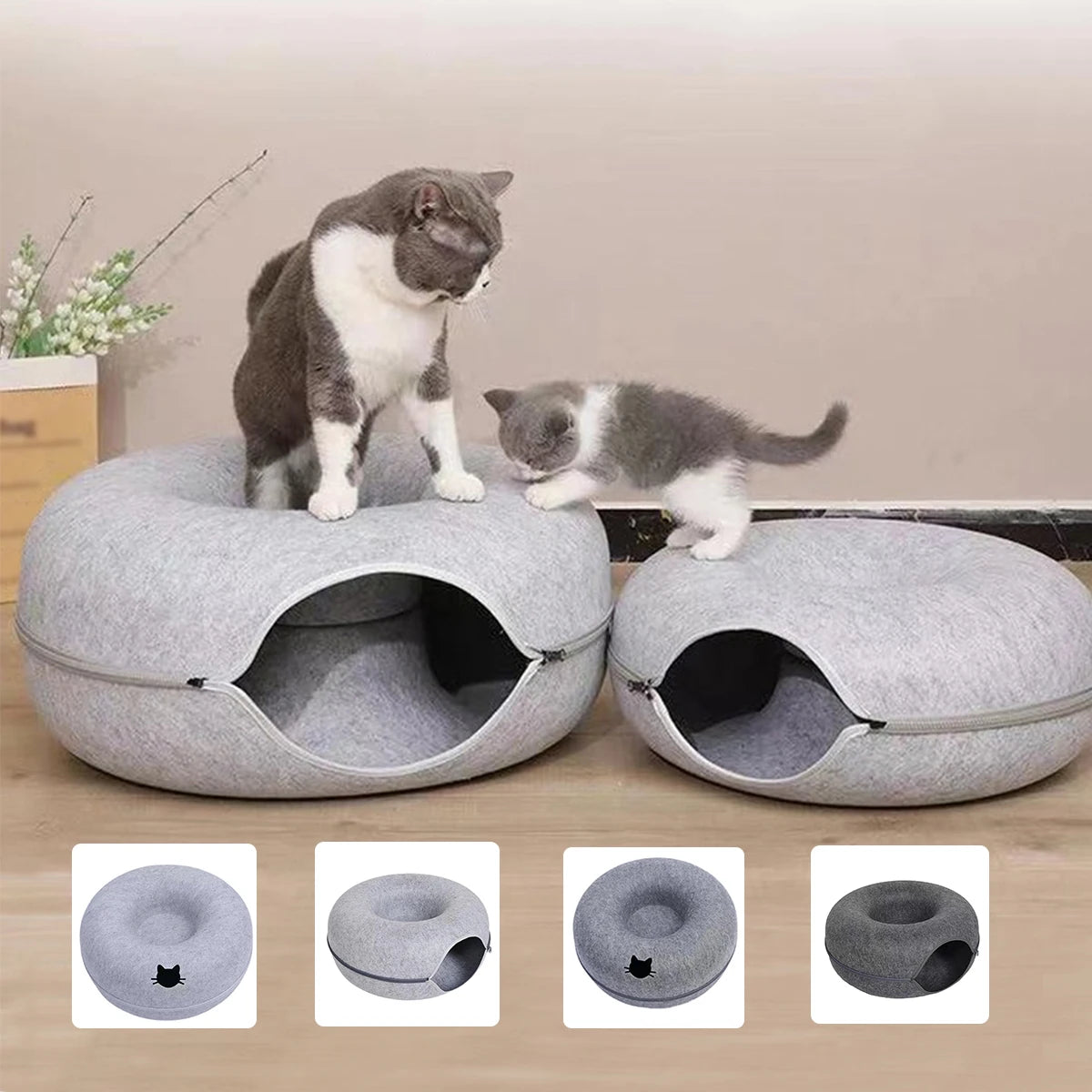 Donut Cat Bed & Interactive Felt Tunnel Toy | Indoor Kitty Co