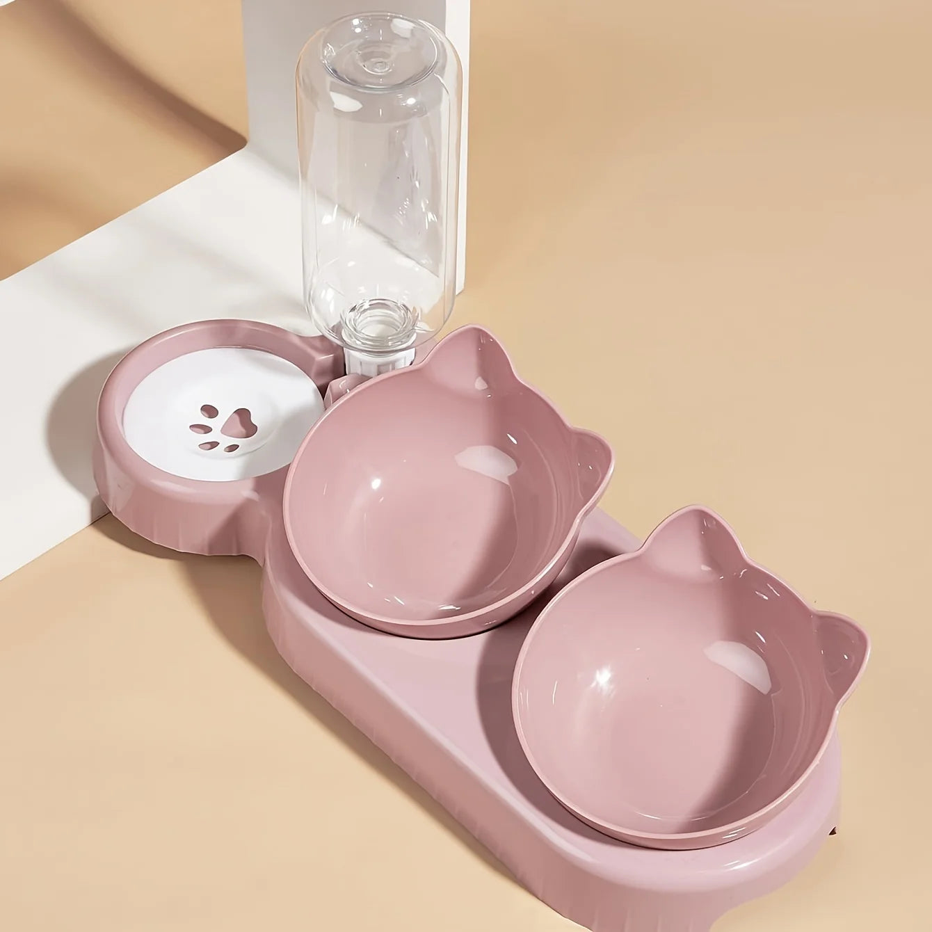 3-in-1 Tilted Cat Food & Water Bowl Set with Gravity Bottle | Indoor Kitty Co