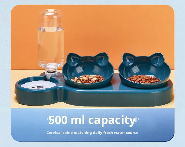 3-in-1 Tilted Cat Food & Water Bowl Set with Gravity Bottle | Indoor Kitty Co