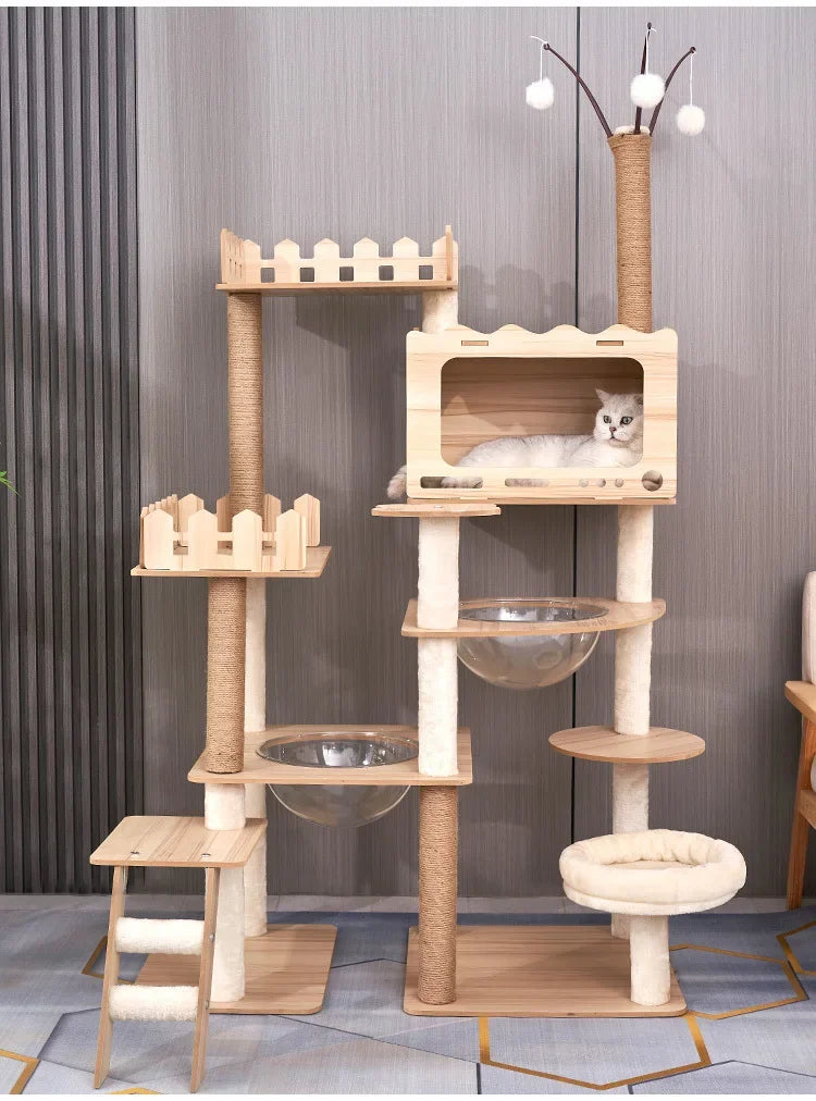 Large Wooden Cat Tree with Space Pod | Indoor Kitty Co