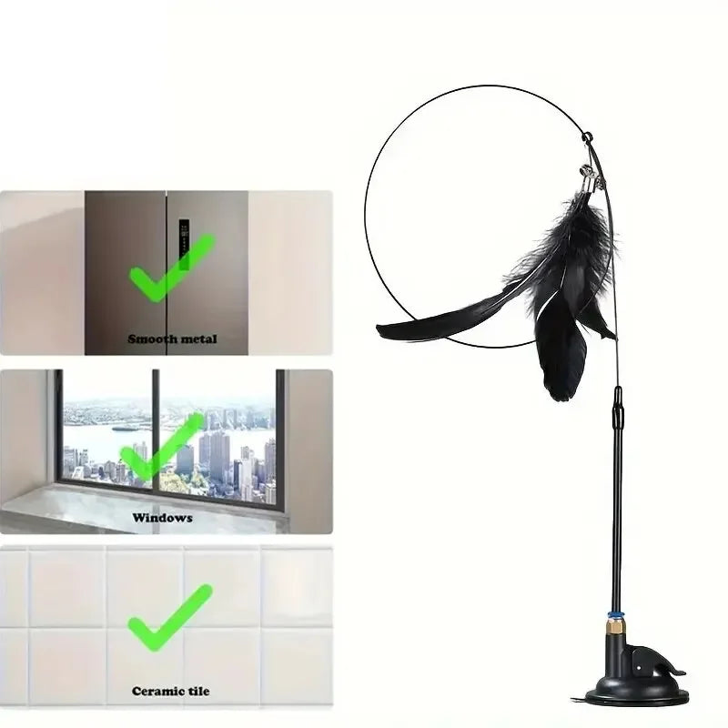 Bell & Feather Wand Cat Teaser with Suction Cup
