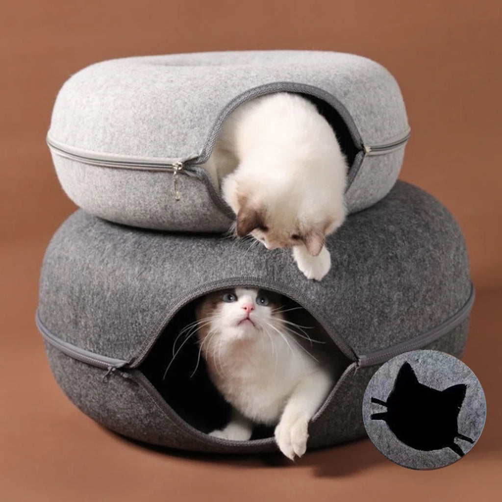 Donut Cat Bed & Interactive Felt Tunnel Toy | Indoor Kitty Co