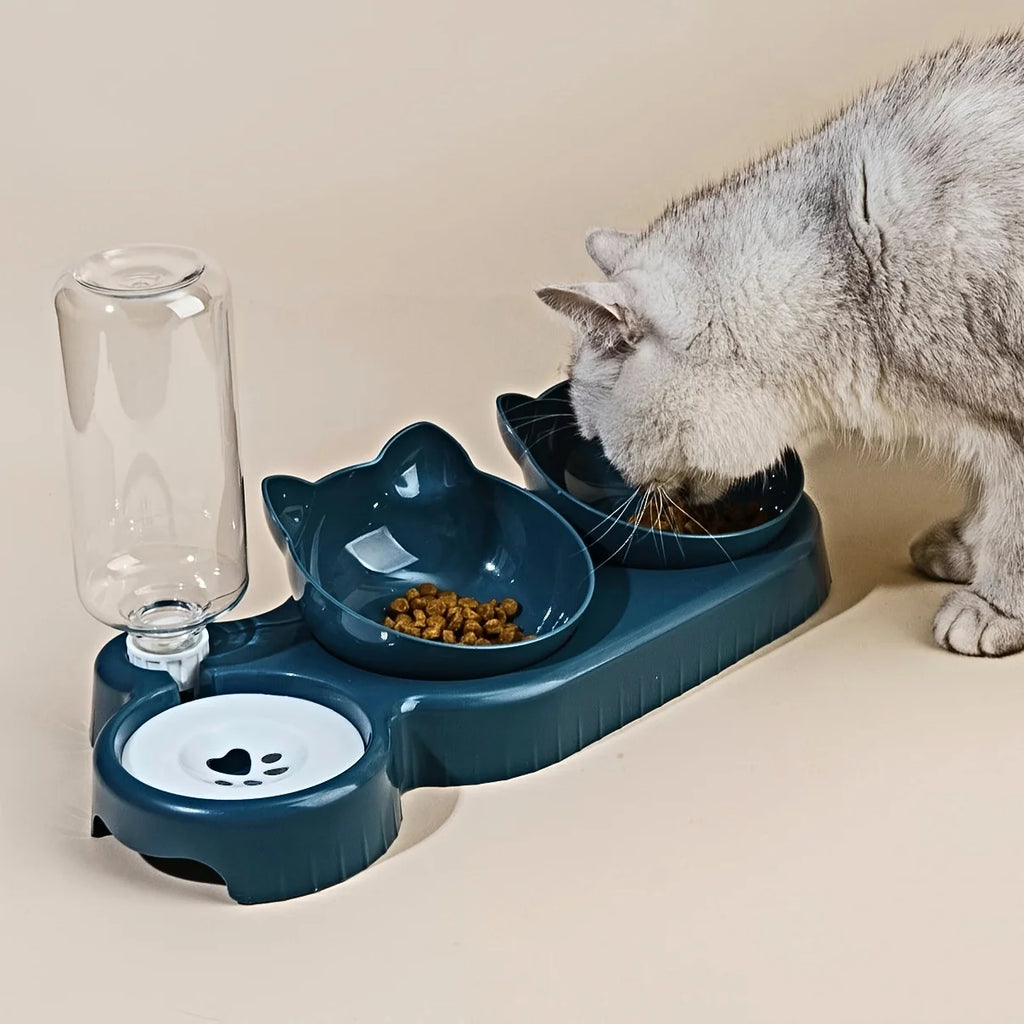 3-in-1 Tilted Cat Food & Water Bowl Set with Gravity Bottle | Indoor Kitty Co
