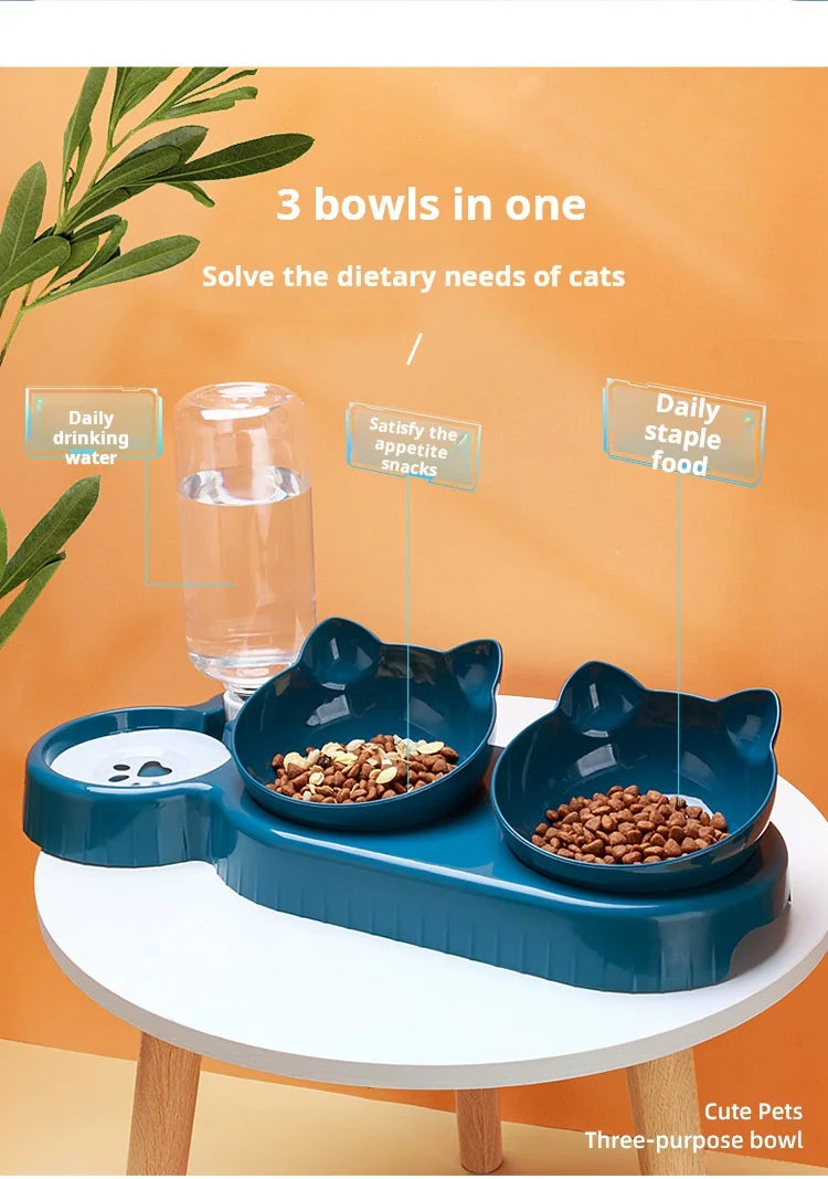 3-in-1 Tilted Cat Food & Water Bowl Set with Gravity Bottle | Indoor Kitty Co