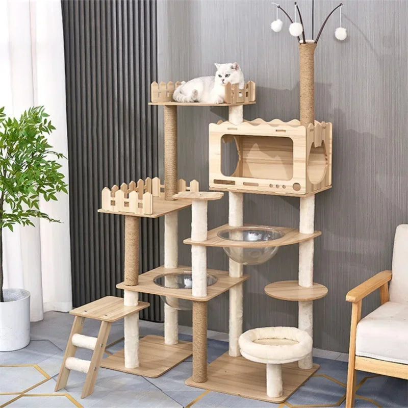 Large Wooden Cat Tree with Space Pod | Indoor Kitty Co