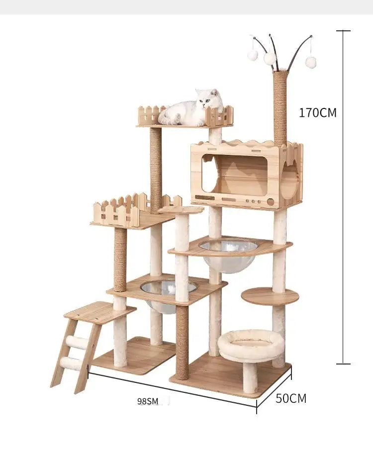 Large Wooden Cat Tree with Space Pod | Indoor Kitty Co
