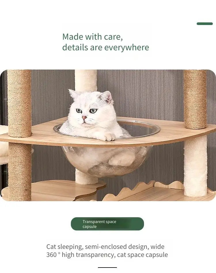 Large Wooden Cat Tree with Space Pod | Indoor Kitty Co