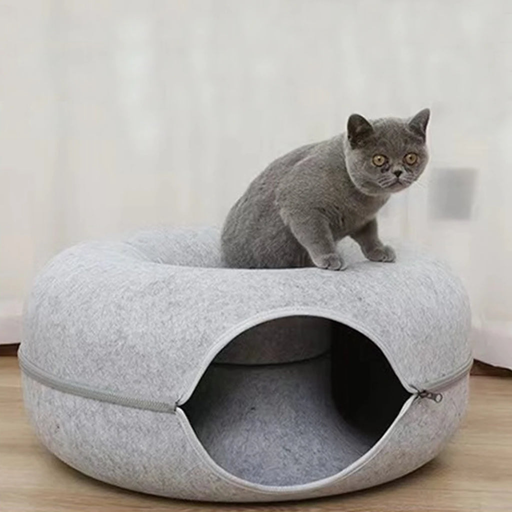 Donut Cat Bed & Interactive Felt Tunnel Toy | Indoor Kitty Co