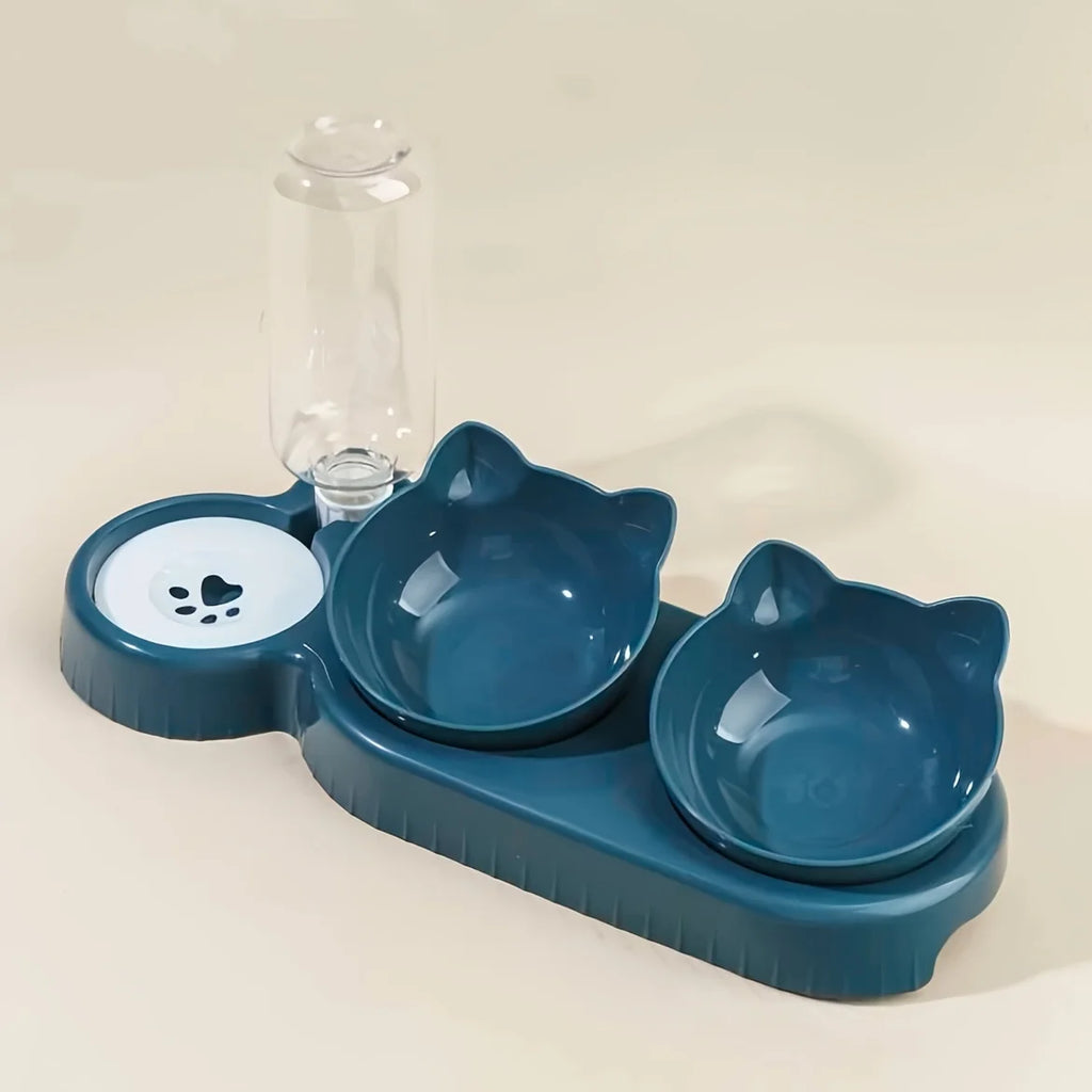 3-in-1 Tilted Cat Food & Water Bowl Set with Gravity Bottle | Indoor Kitty Co
