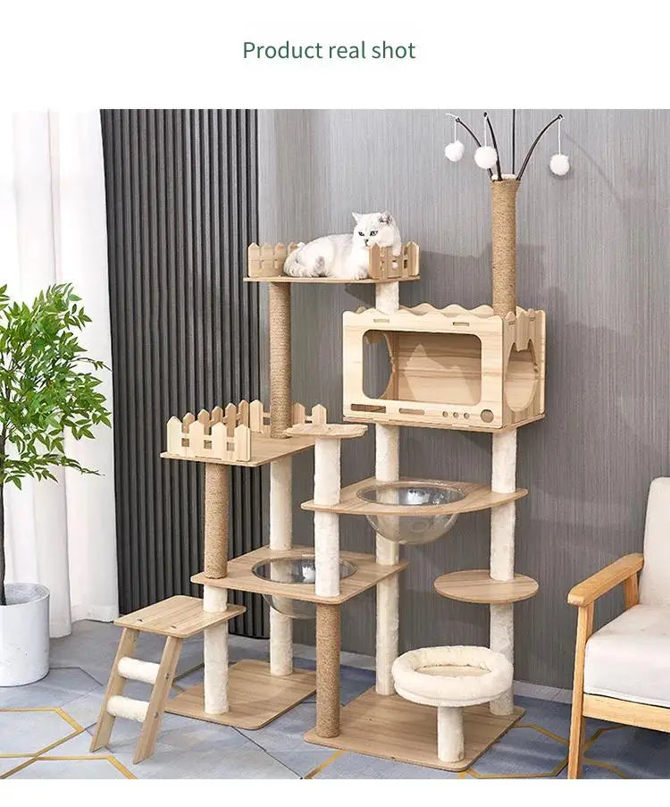 Large Wooden Cat Tree with Space Pod | Indoor Kitty Co