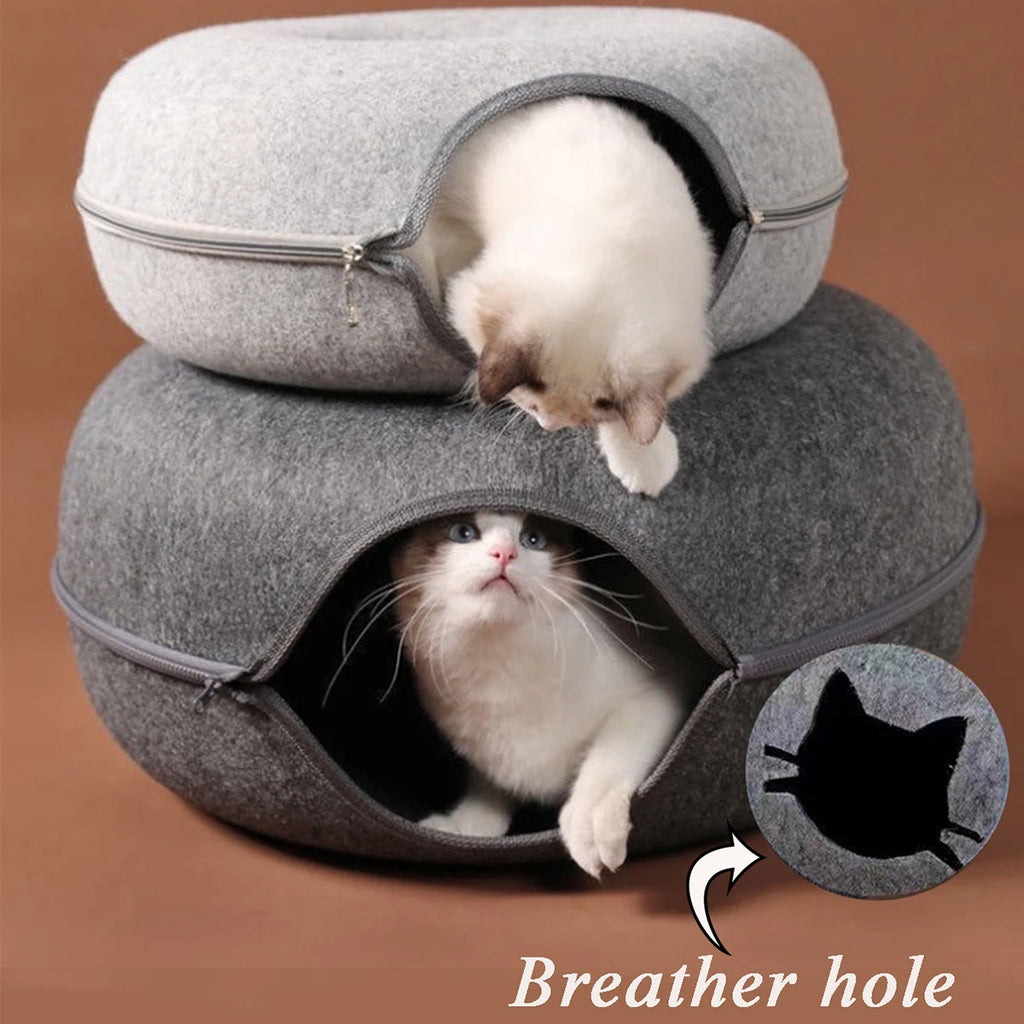 Donut Cat Bed & Interactive Felt Tunnel Toy | Indoor Kitty Co