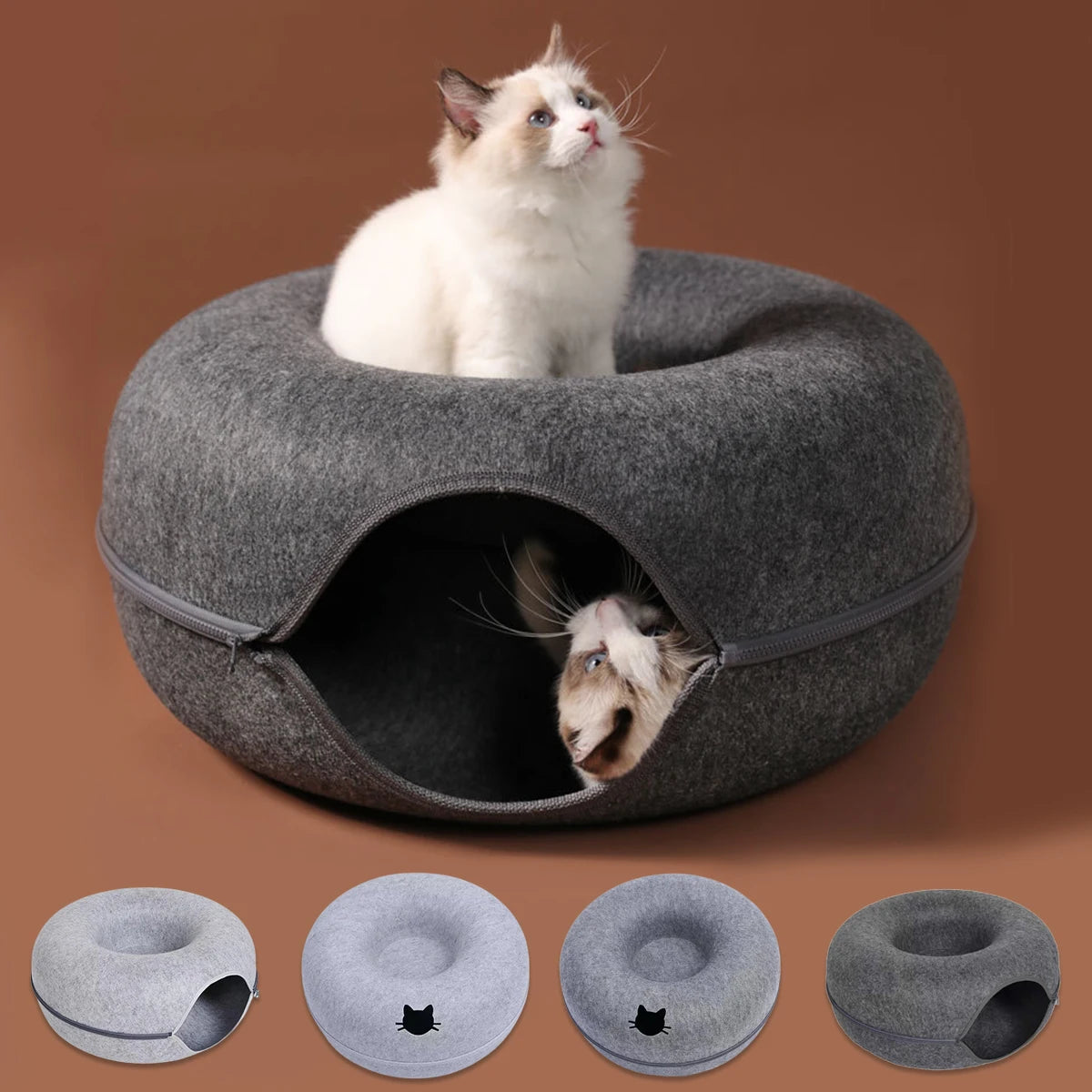 Donut Cat Bed & Interactive Felt Tunnel Toy | Indoor Kitty Co